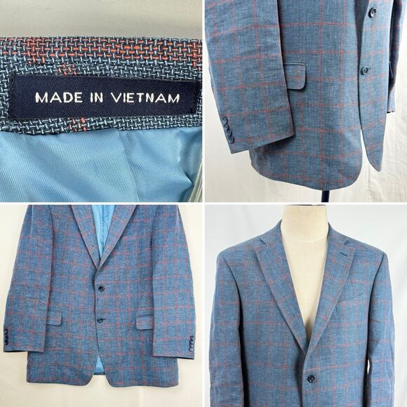 Paul Fredrick Linen Blazer Sport Coat Mens Size 43R Blue Plaid Jacket - Picture 12 of 16